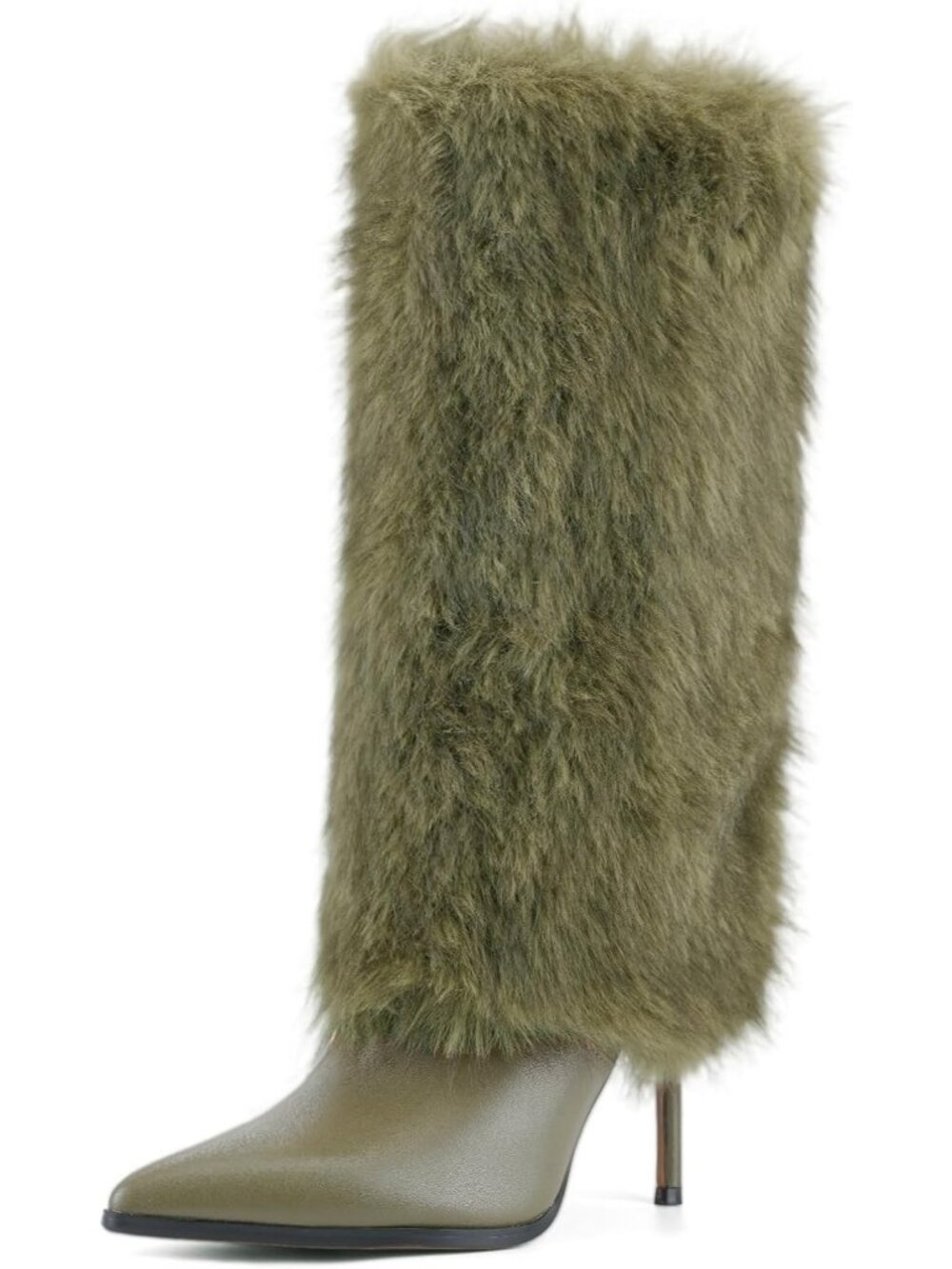 Women's Green Fur Knee High Boots Pointed Toe Stiletto Heels Winter Tall Boots